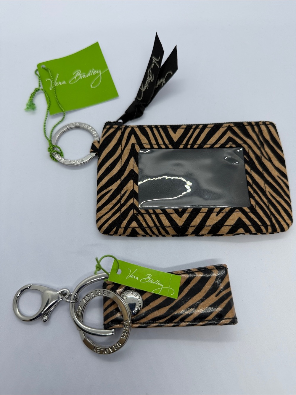 Vera Bradley Zebra Print ID Window Wristlet and Key Fob - Black & Tan